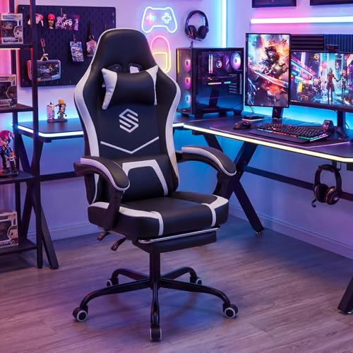 Giantex Gaming Chair, Height Adjustable Computer Desk Chair with Headrest, Lumbar Support, Linkage Armrests, Reclining Backrest & Footrest, Ergonomic Office Chair, Video Game Chair (Black) Giantex