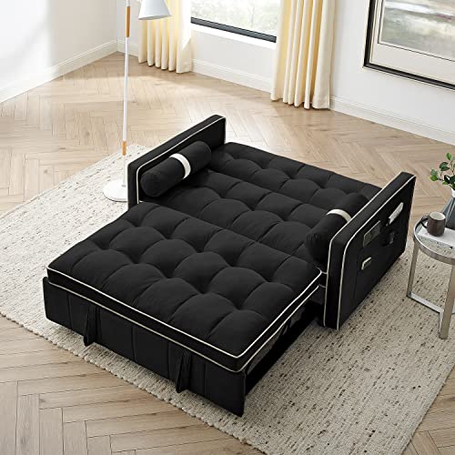 3 in 1 Sleeper Sofa Couch Bed, Small Tufted Velvet Convertible Loveseat Futon Sofa w/Pullout Bed, Adjustable Backrest, Cylinder Pillows for Living Room Apartment, Easy to Assemble, Black, 55.5" Antetek