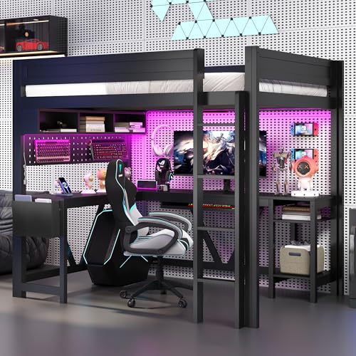 Merax Full Size Gaming Loft Bed with L Shape Desk, Storage Shelves, Sturdy Wood Loft Bunk Bed Frame with Charging Station and Lights, No Box Spring Needed, Space-Saving, Noise Free, Black Merax