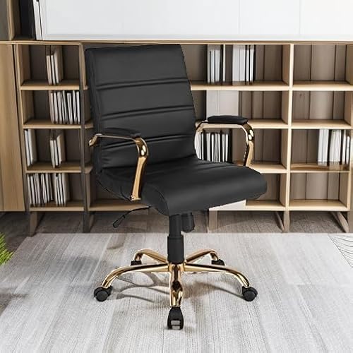 Flash Furniture Whitney Mid-Back Swivel LeatherSoft Desk Chair with Wheels, Padded Seat and Armrests, Adjustable Height Padded Office Chair, Black Flash Furniture