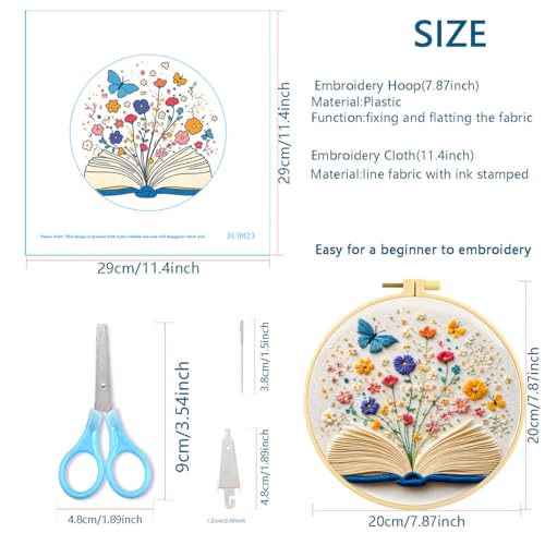 Zhenqing Open Book Garden Embroidery Kit, Fantasy Floral Craft Set with 20cm Hoop, Printed Design on 29x29cm Cotton Fabric, DIY Butterfly Wall Art (JC0023)
