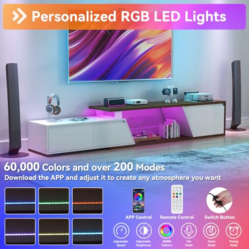 Verano Garden Extendable TV Stand with Led Lights, Wood TV Media Console with 2 Drawers & 1 Cabinet, Modern Entertainment Center Up to 90 Inch TV for Living Room Bedroom, 63" - 90.6" (White & Walnut) Verano Garden