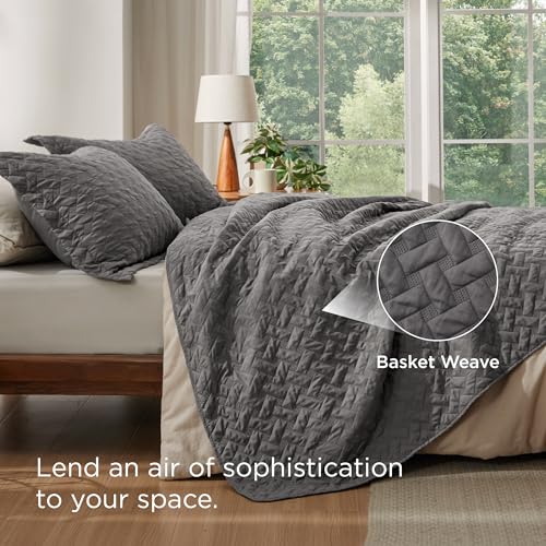 Bedsure Quilts Queen Size - Grey Bedspreads Queen Size with Basket Weave Pattern, Soft Quilt Bedding Set, Lightweight Comforter Set Coverlet for All Seasons with 2 Pillow Shams (90" x 96") Bedsure