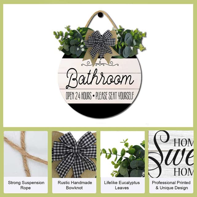 Bathroom Decor,Bathroom Open 24 Hours Please Seat Yourself Sign,Rustic Round Wooden Wreath Sign,Modern Farmhouse Home Accent For All The Seasons Hilonret