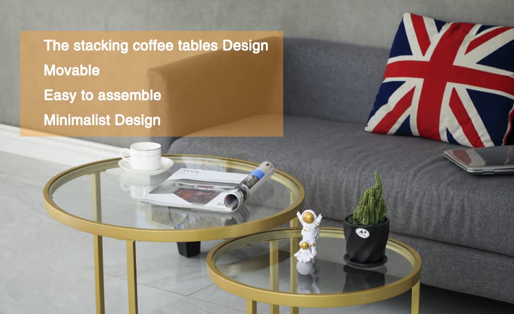 Round Nesting Coffee Table Gold Set of 2 for Living Room, Modern Side Tables with Sturdy Metal Frame and Tempered Glass.Minimalist End Table,Cocktail Table for Dining Room,Home Decor MAIKAILUN