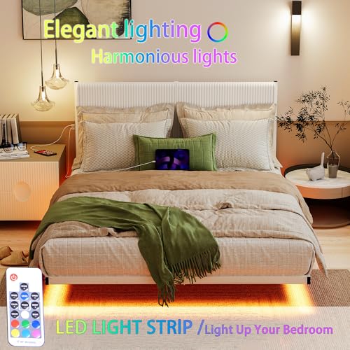 ARFARLY Floating Bed Frame Queen Size with Upholstered Headboard Queen Bed Frame with Charging Station and LED Lights Easy to Assemble White ARFARLY