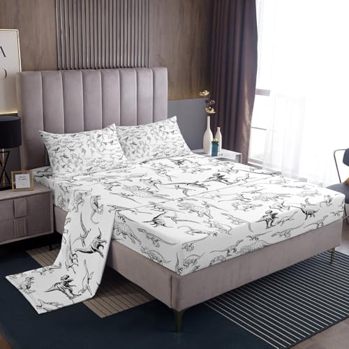 Feelyou Dinosaur Bed Sheets Set King Size 3D Digital Print Sheet Set for Kids Boys Girls Decor Jungle Dino Sheets with Deep Pocket Fitted Sheet Wild Animal Black and White Bedding Set Bedroom Feelyou