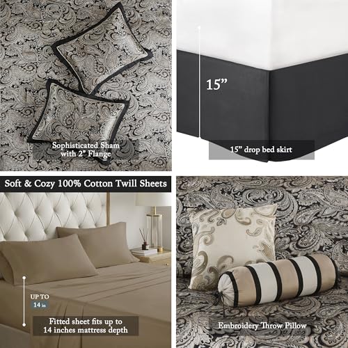 Madison Park Aubrey Cozy Comforter Set, Faux Silk Jacquard Paisley Design - All Season Down Alternative Bedding with Cotton Bed Sheets, Bed Skirt & Toss Pillows, King Black 12 Piece Madison Park