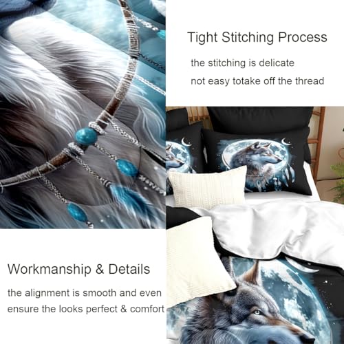 CCoutueChen Wolf Comforter Set King Size, Wolves Moon Bedding Set, Dream Catcher & Animal Pattern on Black Bedding, Western Boho Tribal Comforter Soft Microfiber Down Quilt 3 Pieces CCoutueChen