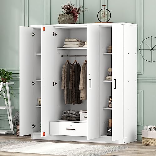Merax 4 Door Wardrobe Cabinet Closet with Storage Drawers, Shelves and Hanging Rail for Clothes, Bedroom Organizer, White Merax