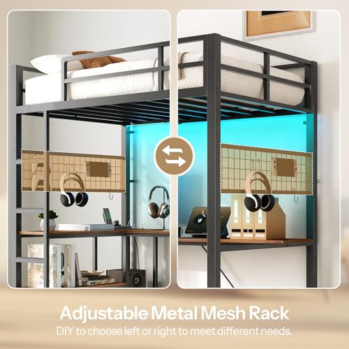 HOOBRO Twin Size Loft Bed with Ladder and Guardrail, Metal Bunk Bed with Desk, LED Lights and Charging Station for Teens, Adults, Space Saving, No Box Spring Needed, Black and Rustic Brown HOOBRO