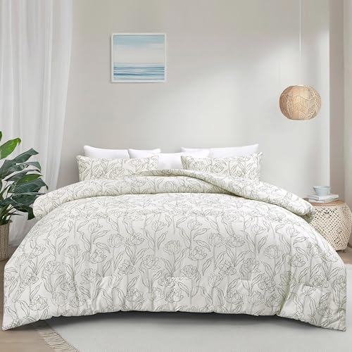 Arianaut Cotton Printed Comforter Set – Soft & Breathable Bedding Quilt Set with Microfiber Fill – Includes 1 Comforter & 2 Pillowcases – Lightweight & All-Season (White Printed, Queen) Arianaut