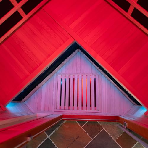 WOODBRIDGE Infrared Sauna Room 2 Person Japanese Cedar Indoor Corner Sauna with 7 Carbon Heaters, Red Light Therapy,Bluetooth Speaker,Intelligent Dual Control System,Tempered Glass,Exterior Brim Light WOODBRIDGE