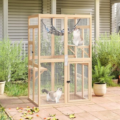 COZIWOW Upgraded Outdoor Cat Catio with Window Access & Jumping Platforms, Weatherproof Wooden Cat Enclosure for Patio/Garden/Backyard (Wood, 2 Platforms + Hammock, Supports 44lbs) COZIWOW