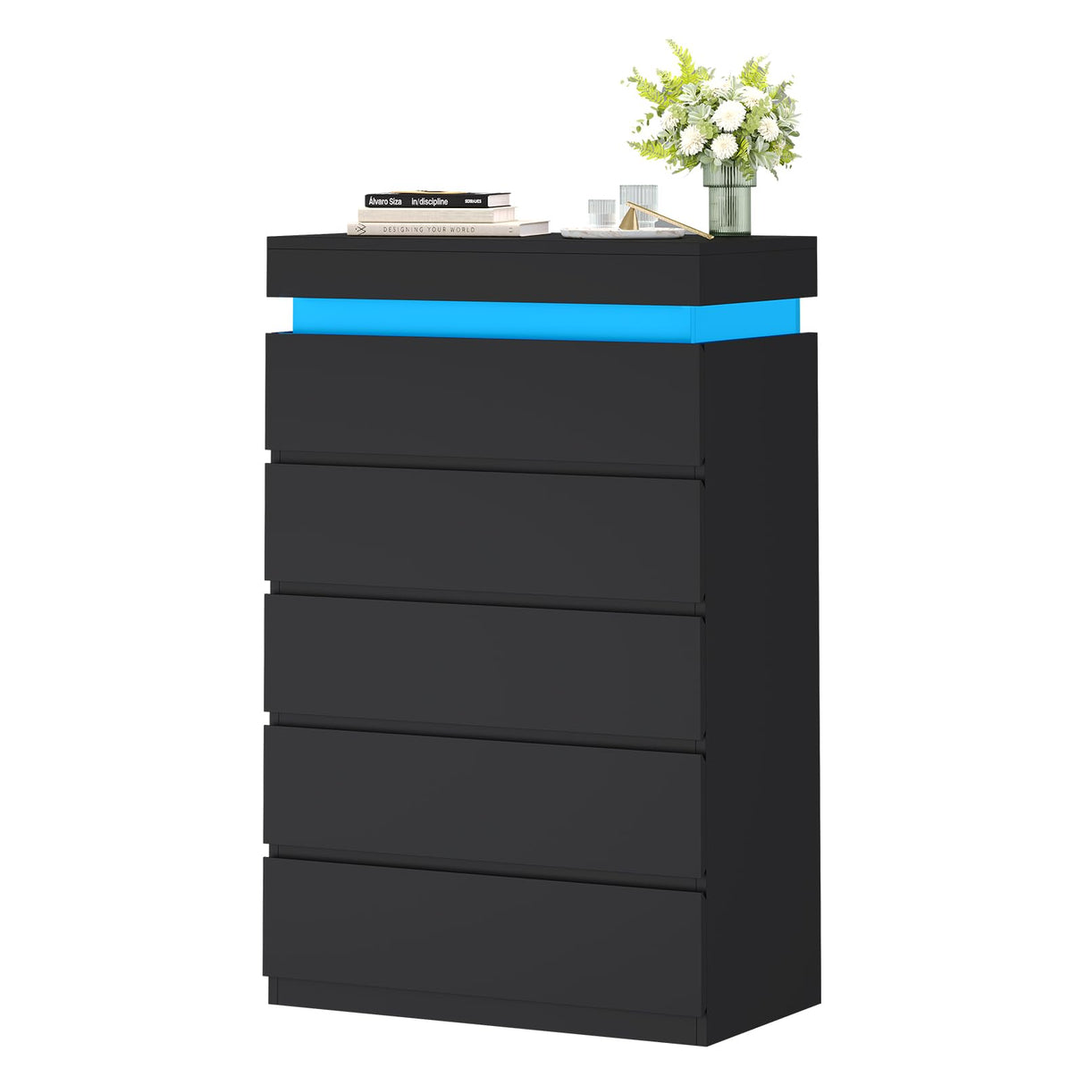 HAUOMS Tall 5 Drawer Dresser with LED Light, Black Modern Chest of Drawers for Bedroom,Closet Dressers with Drawers for Living Room, Entryway, Hallway HAUOMS