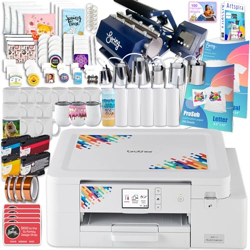 Brother SP-1 Dye-Sublimation Printer Bundle with 7-in-1 Navy Blue Tumbler, Mug & Cup Press, Full Ink Set, 310 Sublimation Transfer Sheets, Sublimation Blanks, Tape and More