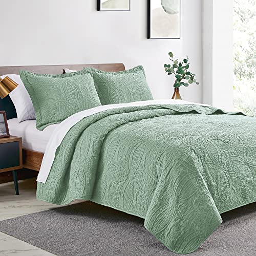 Love's cabin Twin Quilt Set Sage Bedspreads - Soft Bed Summer Lightweight Bedspread Comforter - Modern Style Coin Pattern Coverlet for All Season - 2 Pieces (1 Quilt, 1 Pillow Sham) Love's cabin