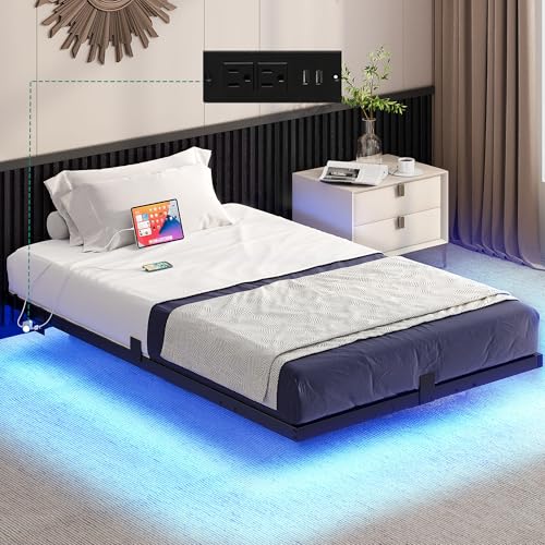 YITAHOME Floating Bed Frame Twin Size, LED Bed Frame with Charging Station, Metal Platform Twin Bed with Heavy Duty Steel Slats Supports, No Box Spring Needed, Easy Assembly, Black YITAHOME