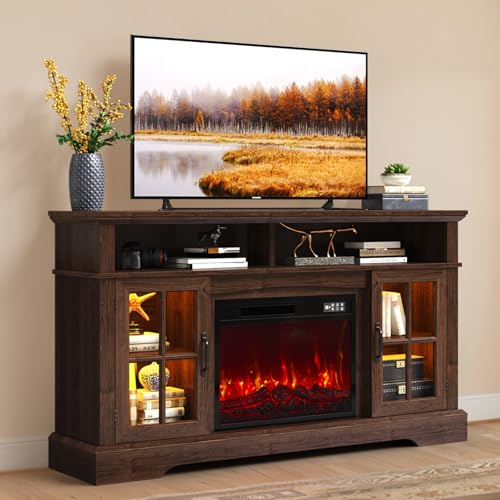 Breezestival 58" Fireplace TV Stand, Modern Entertainment Center for TVs Up to 70”, TV Console with Storage Cabinets, Media Console for Living Room, Brown TV Stand and Black Fireplace Breezestival