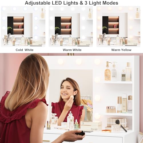 GarveeHome 61 in Make Up Vanity Desk with Mirror and Lights, White Vanity with 8 Wide Storage Drawers & 2 Tier Shelves, 3 Lighting Modes with Adjustable Brightness for Bedroom GarveeHome