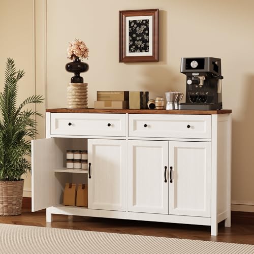 Gizoon Farmhouse Kitchen Sideboard Buffet Cabinet with Storage, Wood Coffee Bar and Storage Sideboard with Drawers and Doors for Kitchen, Dining Room, 15.7" D x 55.1" W x 35.3" H, White/Rustic Brown Gizoon