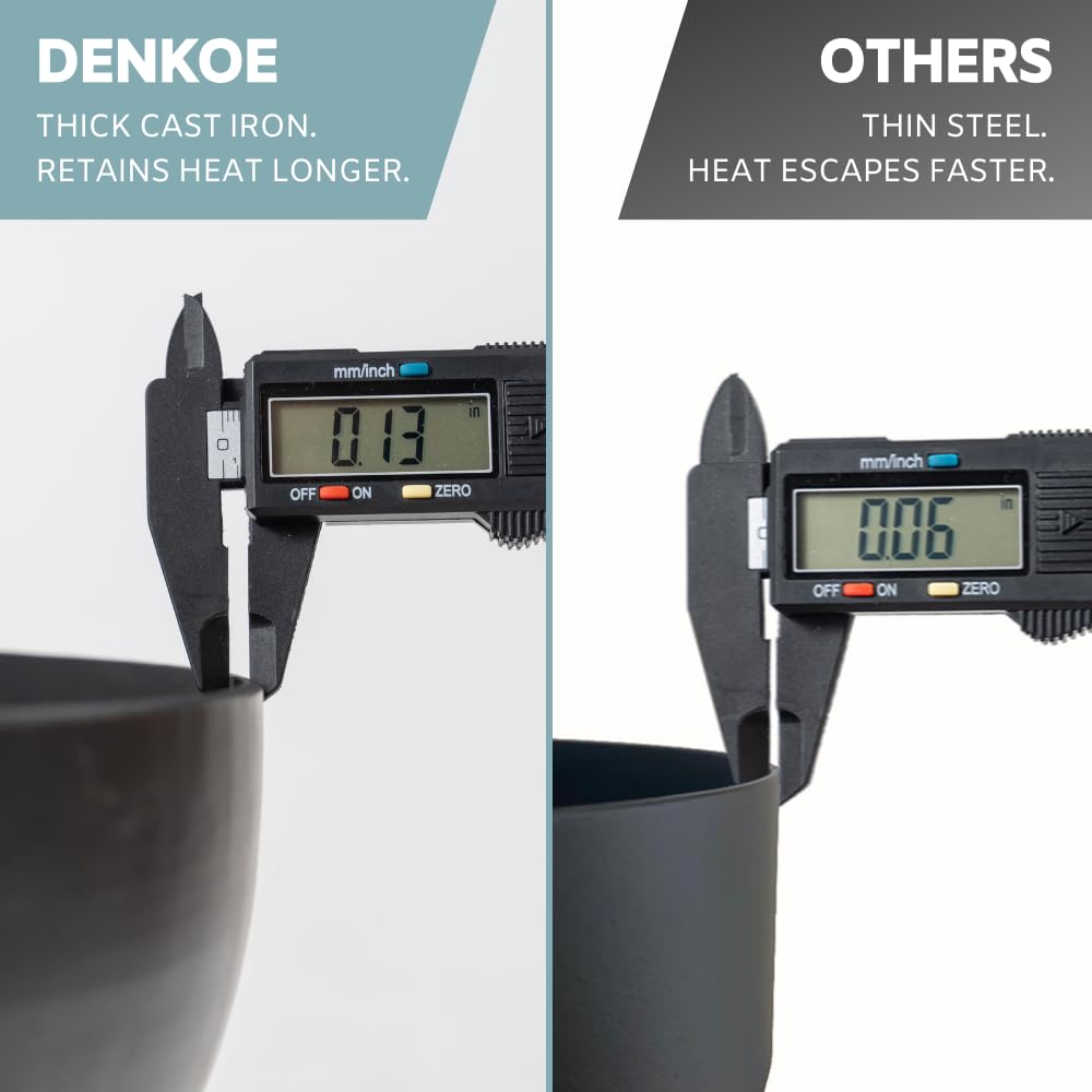 DENKOE Cast Iron Fire Pit Table with Lid, Extra Thick and Heavy Duty Fire Bowl, Deep Round Firepit for Outdoor Bonfire Gatherings, Wood Burning Firepits for Outside Patio, Modern Outdoor Fire Pits DENKOE