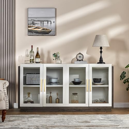 LUXOAK Sideboard Buffet Cabinet with Storage,64" Kitchen Sideboard with LED Light,Modern Wood Glass-Buffet Cabinet for Dinning Room,Kitchen,Hallway,and Living Room,White&Grey LUXOAK
