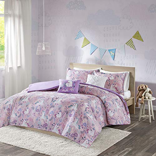 Intelligent Design Kids Cotton Duvet Set Vibrant Fun and Playful Print All Season Comforter Cover Matching Shams, Decorative Pillow, Children Bedding, Bedroom Décor, Full/Queen, Unicorn Pink 5 Piece Intelligent Design