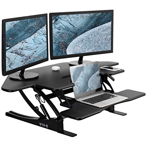 VIVO 43 inch Corner Height Adjustable Cubicle Stand Up Desk Converter, V Series, Quick Sit to Stand Tabletop Dual Monitor Riser Workstation, Black, DESK-V000VC VIVO