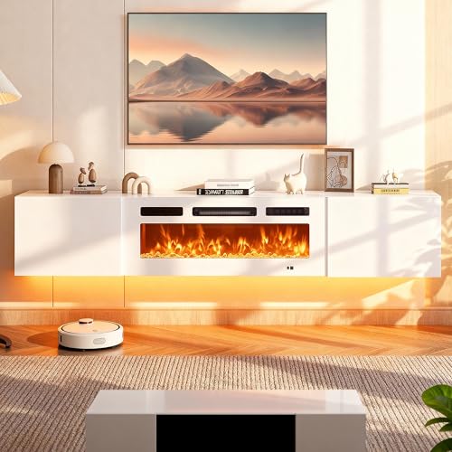 MXV 70'' Floating TV Stand, Modern Media Entertainment Center with 36" Electric Fireplace, TV Console Cabinet Wall Mounted, Adjustable 12-Color LED Lights, for Living Room, White + White MXV