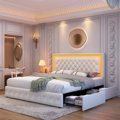 Cream Velvet Queen LED Bed Frame with 4 Storage Drawers and Adjustable Headboard Generic