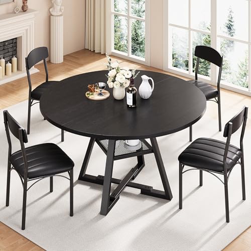 Round Dining Table Set for 4, Kitchen Table and Chairs for 4, Circle Table Round Pedestal Dining Room Dinner Dinette Table Set,5 Piece Space Saving Wood Kitchen & Dining Room Tables (Black, 42In) Jocoevol