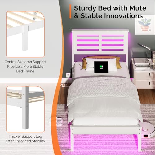 VINGLI LED Twin Bed Frame Set of 2 Solid Wood Platform Single Bed with Headboard USB Charging Station,Panel Bed, Wood Slat Support Mattress Foundation, White VINGLI