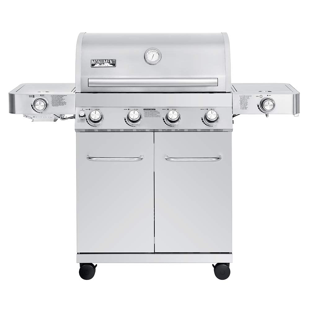 Monument Grills Larger 4-Burner Propane Gas Grills Stainless Steel Cabinet Style with Side & Side Sear Burners, Built-In Thermometer, and Knob Controls Monument Grills