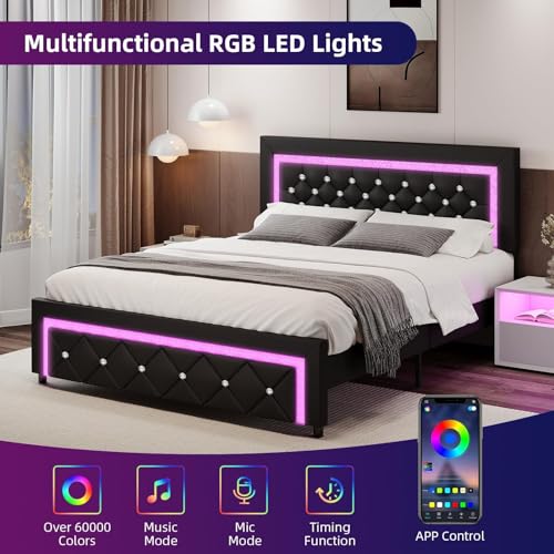 BarnFurin Full Bed Frame with LED Lights, Upholstered Platform Bed with Diamond Tufted Headboard, No Box Spring Needed, Noise Free, Easy Assembly, Black BarnFurin