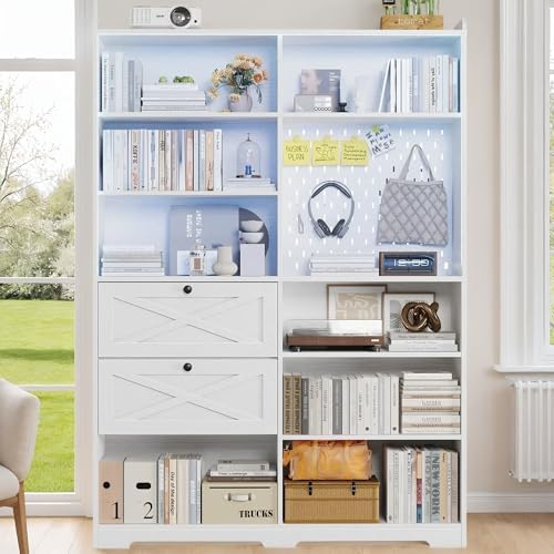 ANCTOR Book Shelf with Light and Drawers, 55" W x 79" H, 7-Tier Double Wide Bookshelf with Pegboard, Freestanding Deep Bookcase for Living Room, White ANCTOR