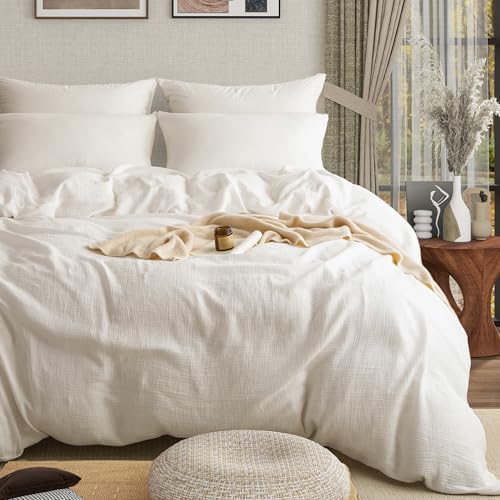 AGSIT Muslin Duvet Cover 100% Washed Cotton, Queen Size Duvet Cover Set Linen Like, Minimalist Soft Comforter Cover 3 Pieces, Lightweight Gauze Duvet Cover with 2 Pillowcases, 90”x90”, Pure White AGSIT