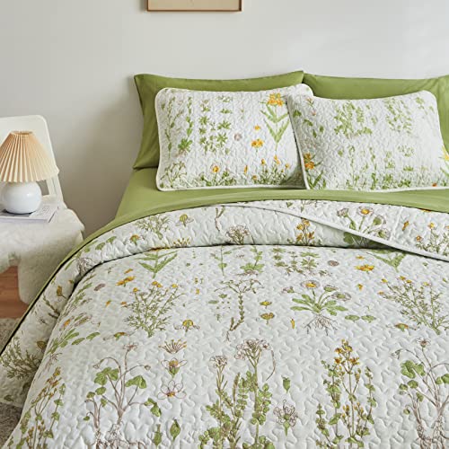 Joyreap 3 Pieces Reversible Quilt Set, Smooth Soft Microfiber Quilt, Yellow Flowers Green Leaves Botanical Design, Bedspread Bed Cover for All Season, 1 Quilt n 2 Pillow Shams (Full/Queen, 90x90) Joyreap