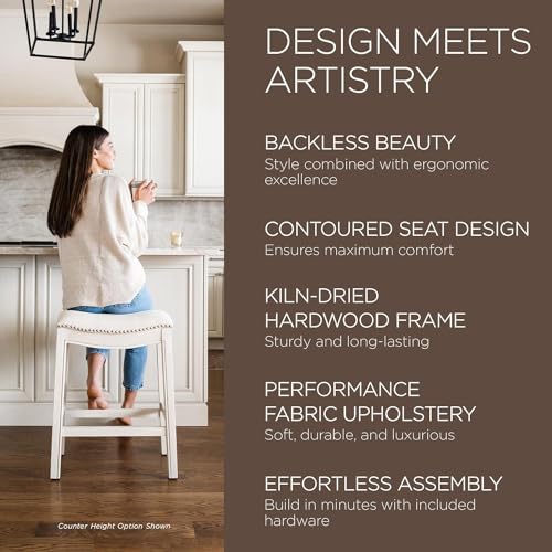 Maven Lane Adrien Saddle Bar Stool in White Oak Finish with Natural Fabric Upholstery Maven Lane