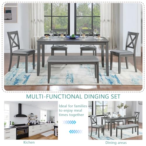 LUMISOL 6-Piece Solid Wood Dining Table Set, Farmhouse Kitchen Table Set with 4 Upholstered Chairs and Bench for Kitchen, Dining Room, Living Room, Grey LUMISOL