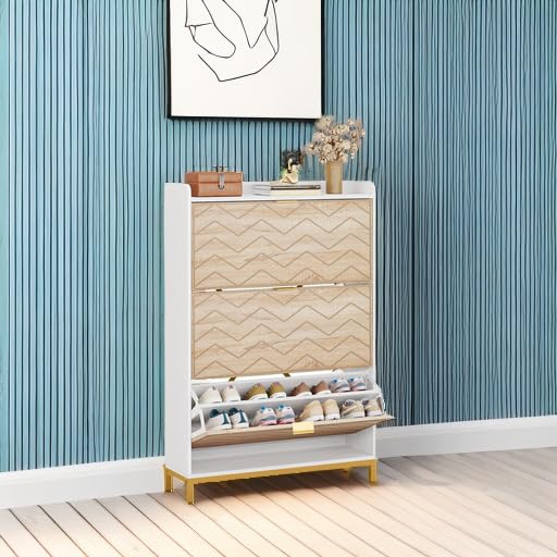 Tribesigns Shoe Cabinet, 3 Flip Drawers Shoe Storage Cabinet, Freestanding 24 Pair Shoe Rack Organizer, Wooden Tipping Shoe Closet Dresser for Entryway, Hallway, Bedroom, Living Room Tribesigns