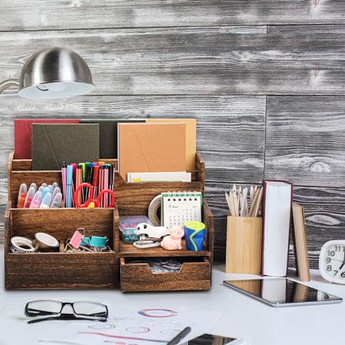 Pumtus Brown Wooden Mail Organizer, Desk Organizer with 7 Compartments and Drawer, Rustic Mail Sorter with Pen Holder, Tabletop Mail Basket, Office Accessories Holder for Pen File Letter Document Pumtus