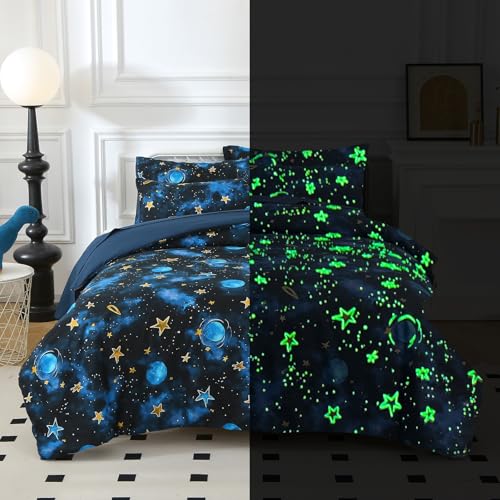 Aqzuxira Glow in The Dark Kids Comforter Set, 5 Pieces Blue Space Bedding Set Twin Size for Boys Girls Teen, 1 Comforter, 1 Pillowcase, 1 Pillow Sham, 1 Flat Sheet, 1 Fitted Sheet Aqzuxira