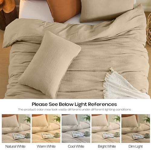 Simple&Opulence Linen Muslin Duvet Cover Set California King, 3Pcs Camel Linen Cotton 3-Layer Gauze Minimalist Comforter Cover 104”x98”, Ultra Soft Breathable Seersucker Bedding Set with 2 Pillowcases Simple&Opulence