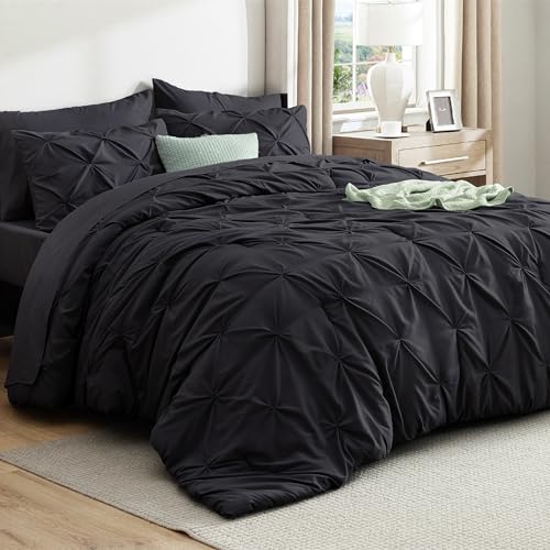 Bedsure Queen Comforter Set Black - Bed in a Bag Queen Size Bedding 7 Pieces, GentleSoft™ Pintuck Bed Set Gift for Family, Pinch Pleat All Season Comforter with Sheets, Pillowcases & Shams Bedsure