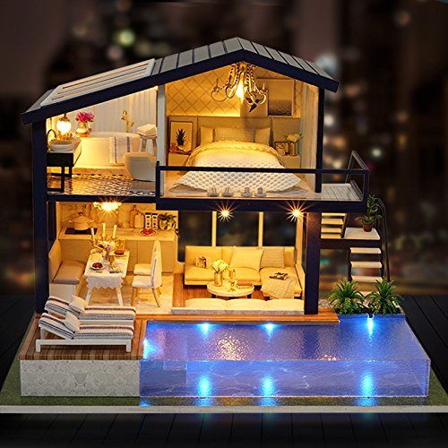CUTEROOM Miniature House Kit, DIY Dollhouse Kit for Adults to Build, Mini House Making Kit with Furnitures, Time Apartment Dollhouse Kit with Swimming Pool Gifts for Women