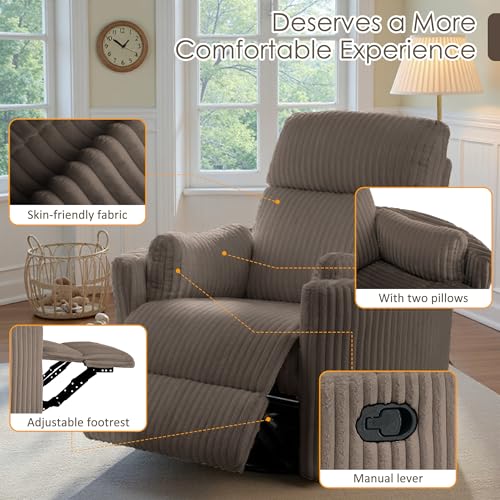 Chizzyseat Nursery Rocking Chairs Comfy High Back 360 Swivel Rocker Recliner with 2 Pillows Glider Recliner Nursery Chair for Adults Small Spaces Nursing Bedroom Living Room Brown