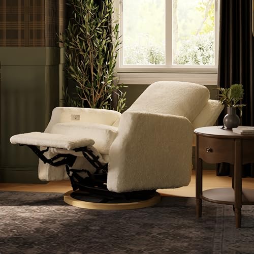 NAMESAKE Crewe Electronic Recliner and Swivel Glider in Ivory Boucle with Light Wood Base, Greenguard Gold & CertiPUR-US Certified NAMESAKE