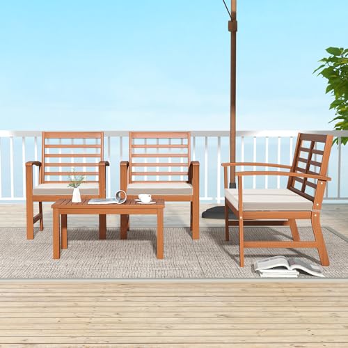 Tangkula 4 Pieces Outdoor Furniture Set, Acacia Wood Conversation Set w/Soft Seat Cushions, Stable Acacia Wood Frame, Patio Sofa & Coffee Table Set for Backyard, Porch, Poolside (White) Tangkula