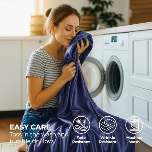 Pure Bedding Satin Sheets Twin Hotel Luxury Silky Bed Sheets - Extra Soft 1800 Microfiber Sheet Set, Wrinkle, Stain Resistant - Deep Pocket Fitted Flat Sheet, Pillow Cases (3-Piece, Midnight Blue) Pure Bedding